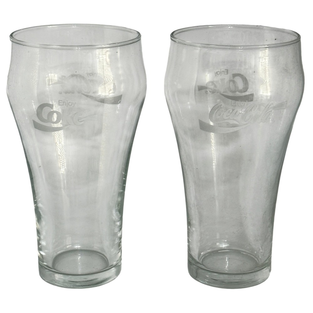 Coca-Cola Vintage Etched Bell Soda Glasses Set of 2 Clear 6 inch Glass